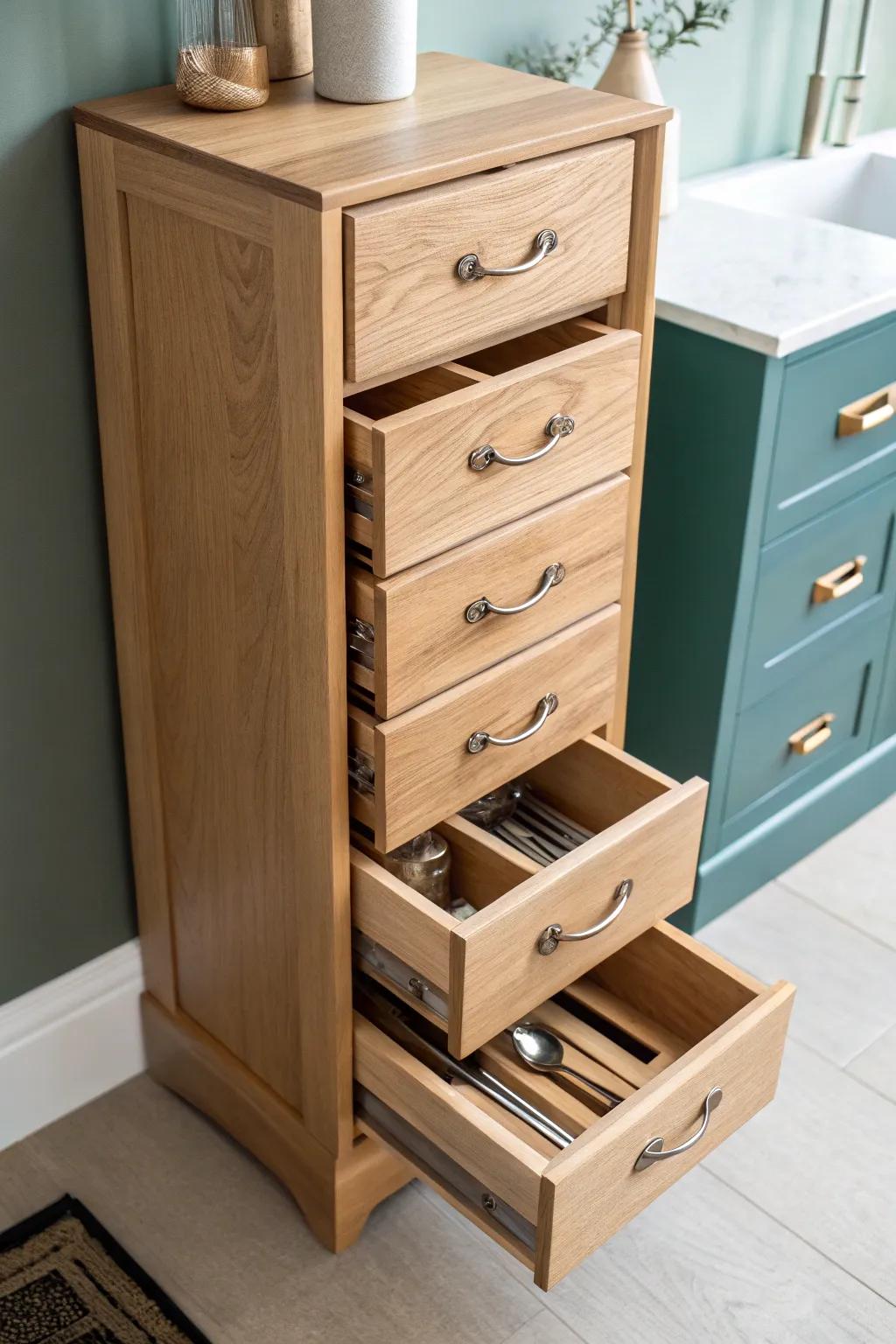 A slim stack of wooden drawers turns tiny gaps into the calmest home for utensils.