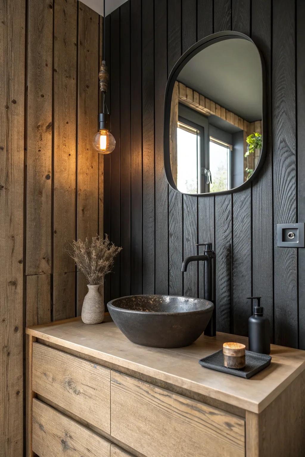 Dark-stained slat wall + light oak vanity for a boutique-hotel bathroom vibe with bold contrast.