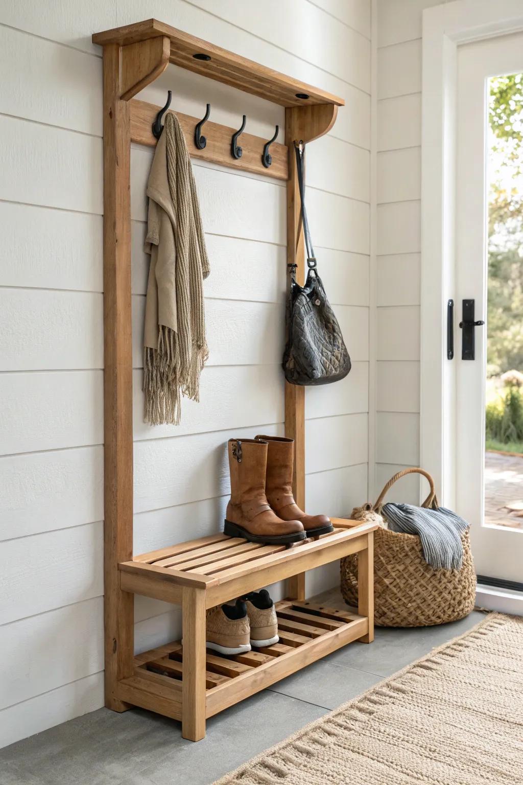 Light oak slat wall with matte-black hooks and an angled boot shelf—instant tidy entry.
