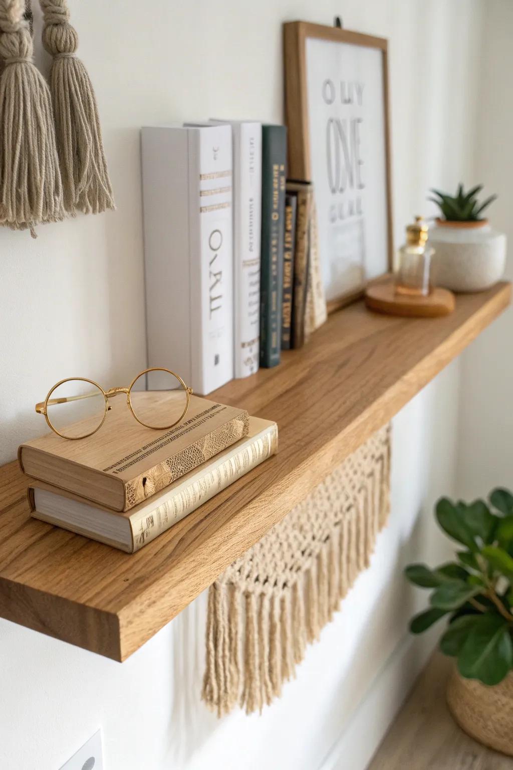 A slim oak reading ledge with warm sconce glow—keeps loft bedtime books and glasses close.