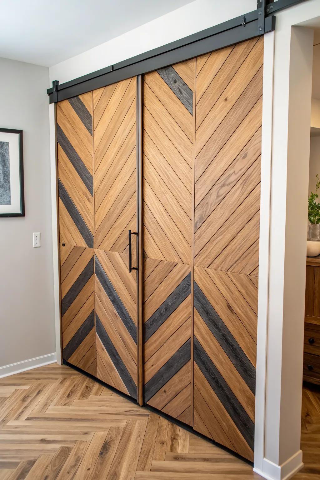 Chevron slat sliding doors with bold contrast stain—instant architectural drama, clean and cozy.