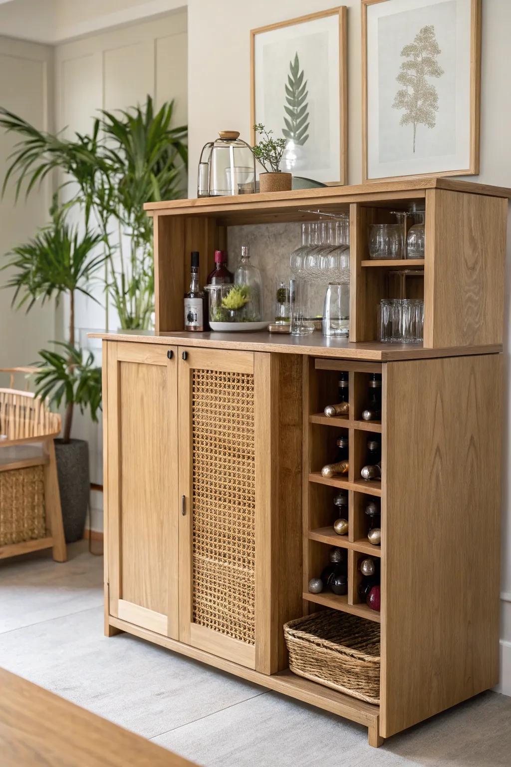A sleek oak bar counter with hidden push-latch panels—tools tucked away, always within reach.