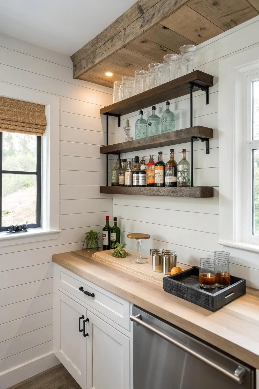 A recessed alcove becomes a curated mini bar—reclaimed wood shelves, clean lines, bold contrast.