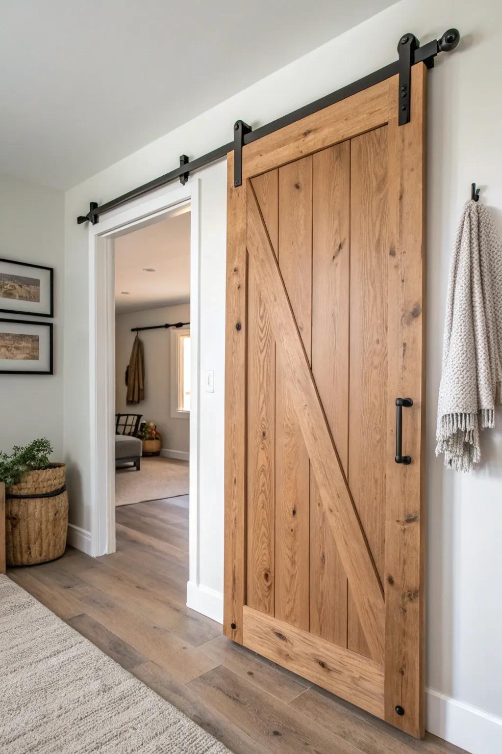 Space-saving sliding barn door in bold terracotta oak—minimal, boho warmth, handcrafted charm.