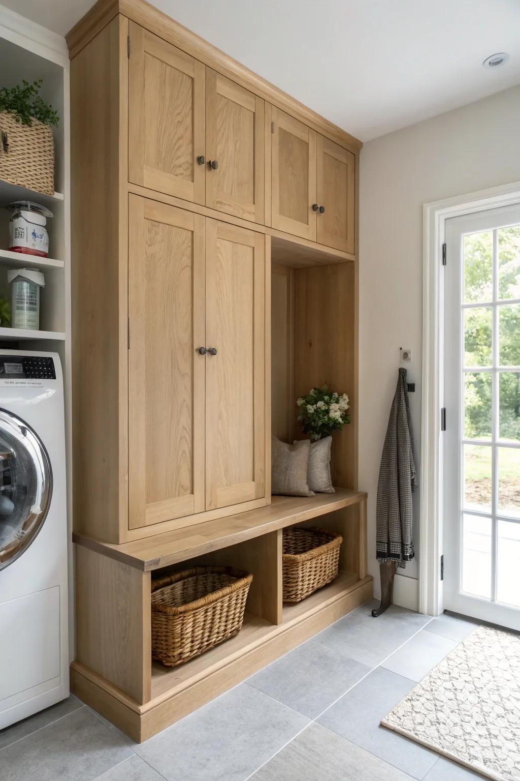 One-door mudroom: oak peg rail + boot shelf with a stacked laundry nook for calm, clutter-free living.