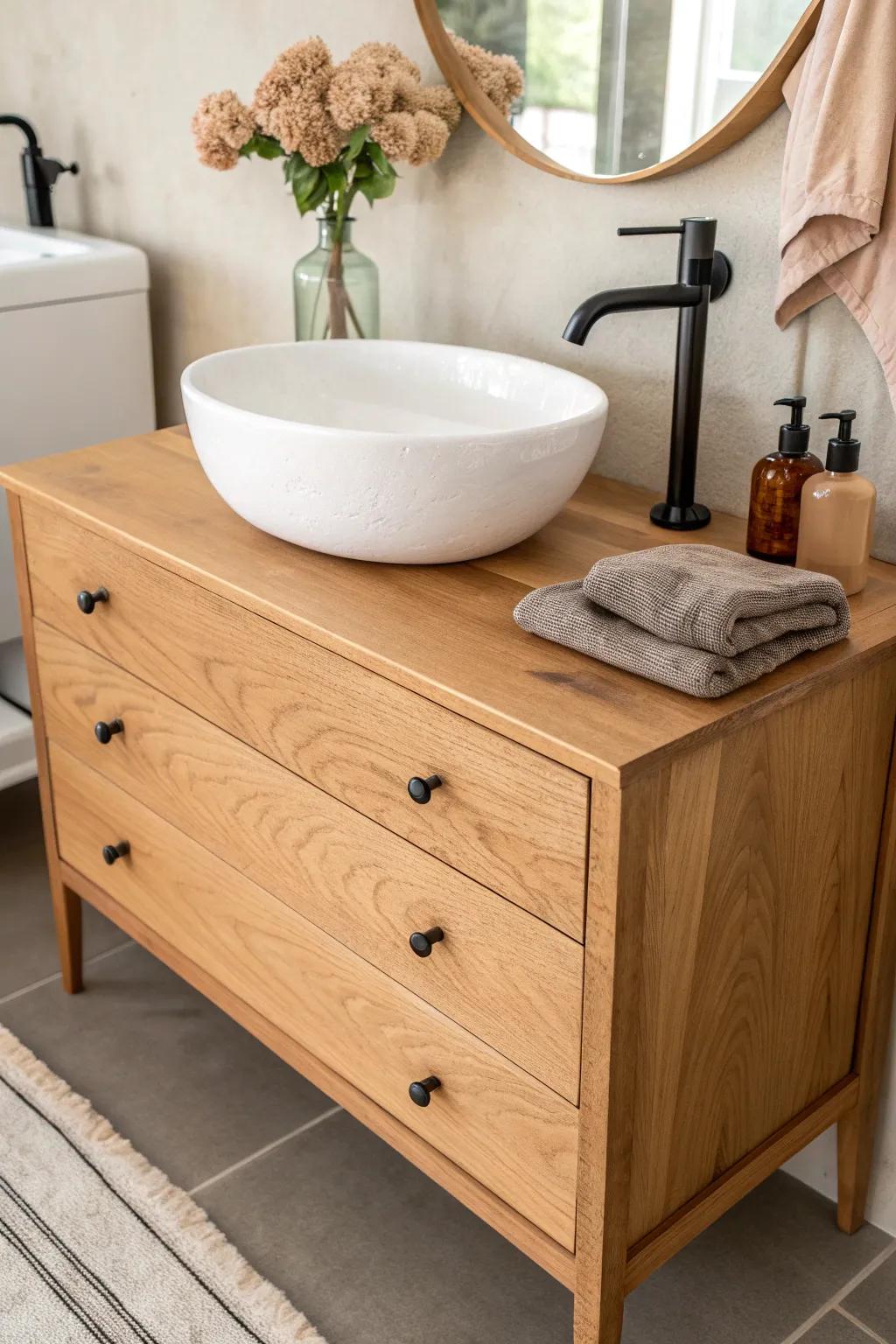 Upcycled dresser vanity with a sink cutout—real furniture charm in a small bathroom.