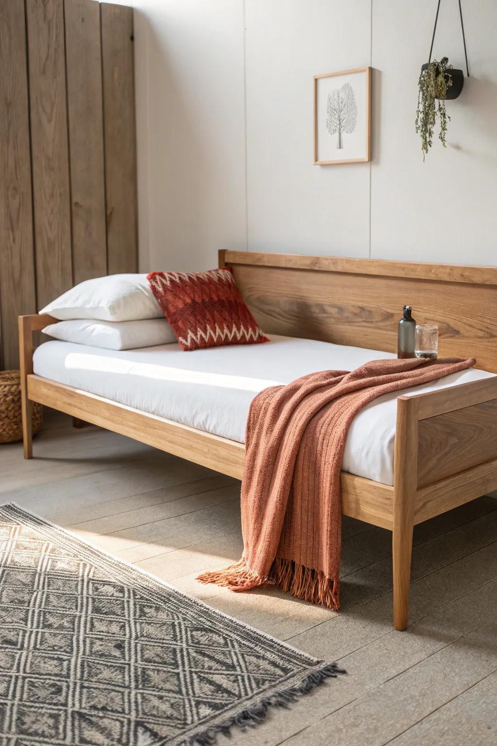 A light-oak daybed that doubles as chic seating—perfect work-and-lounge vibes in one spot.