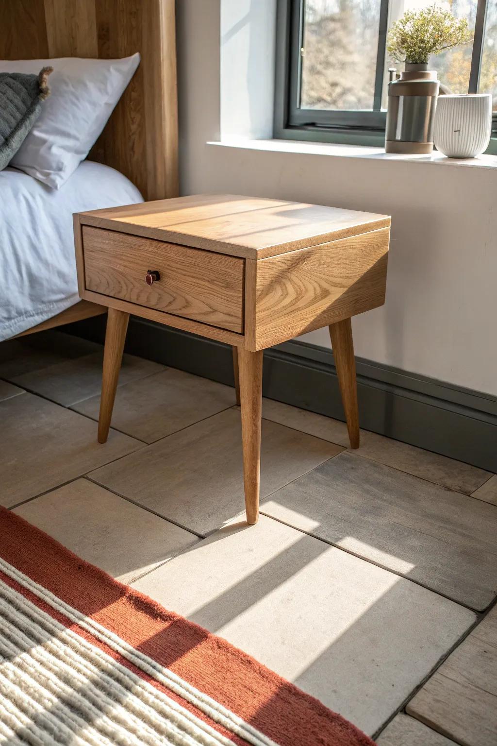 Large-format tiles minimize grout lines—add warm wood and a soft rug to keep it cozy.