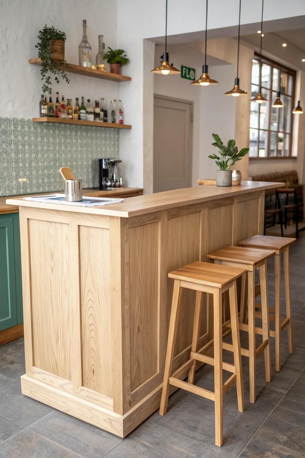 Slim demo bar + one tall stool—space-saving “try it” station that feels clean, crafted, and bold.