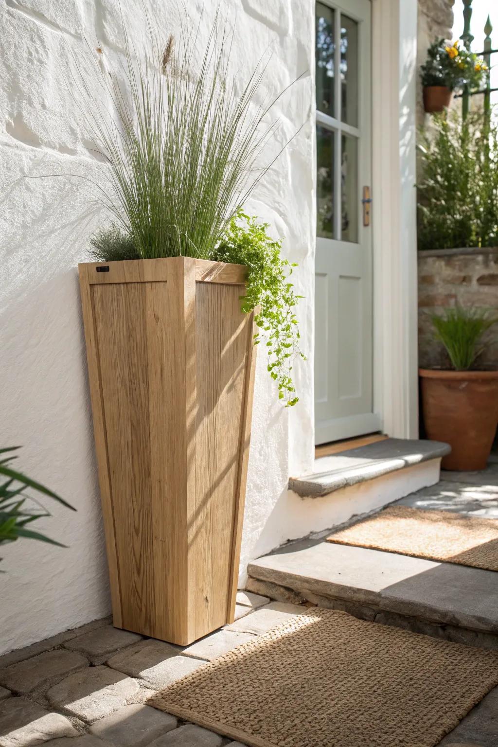 A tall wooden planter adds drama and greenery—softly blurring indoor and outdoor.