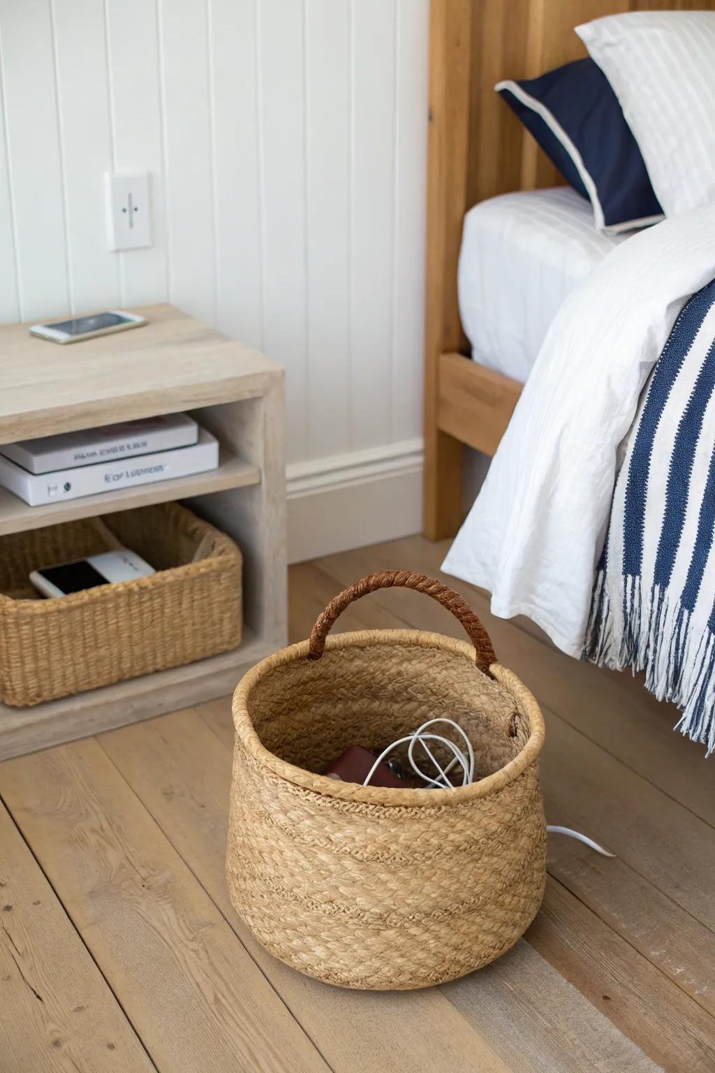 Under an oak floating shelf, a woven basket adds beachy texture and hides chargers fast.