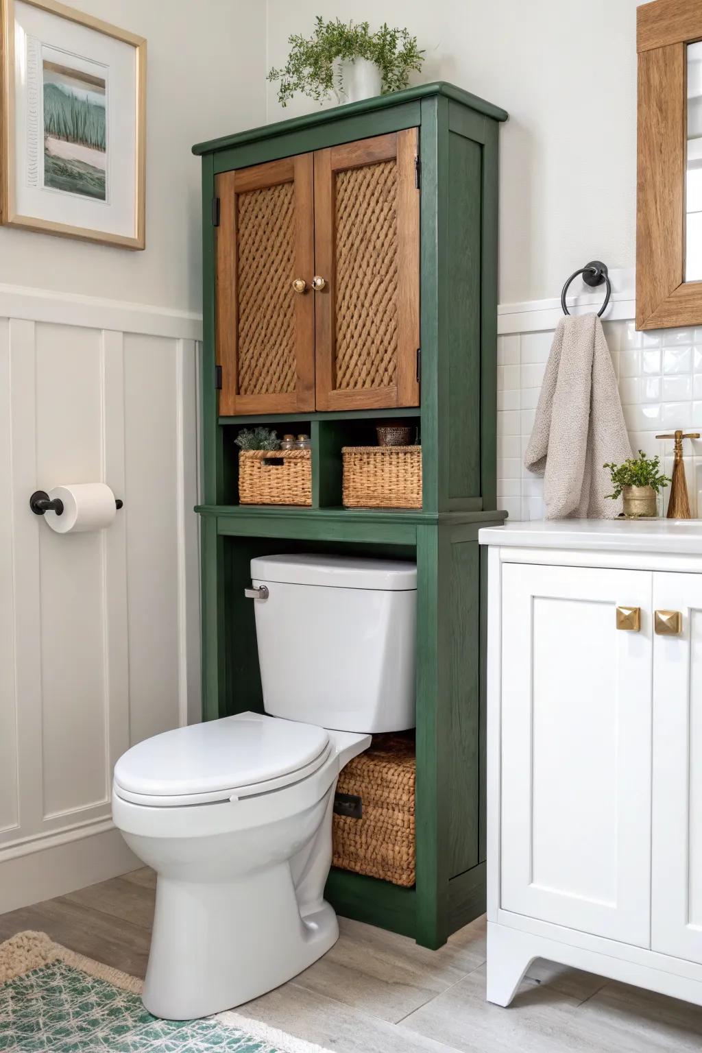 Furniture-style over-toilet cabinet—Craftsman charm in a small bath with bold green doors.