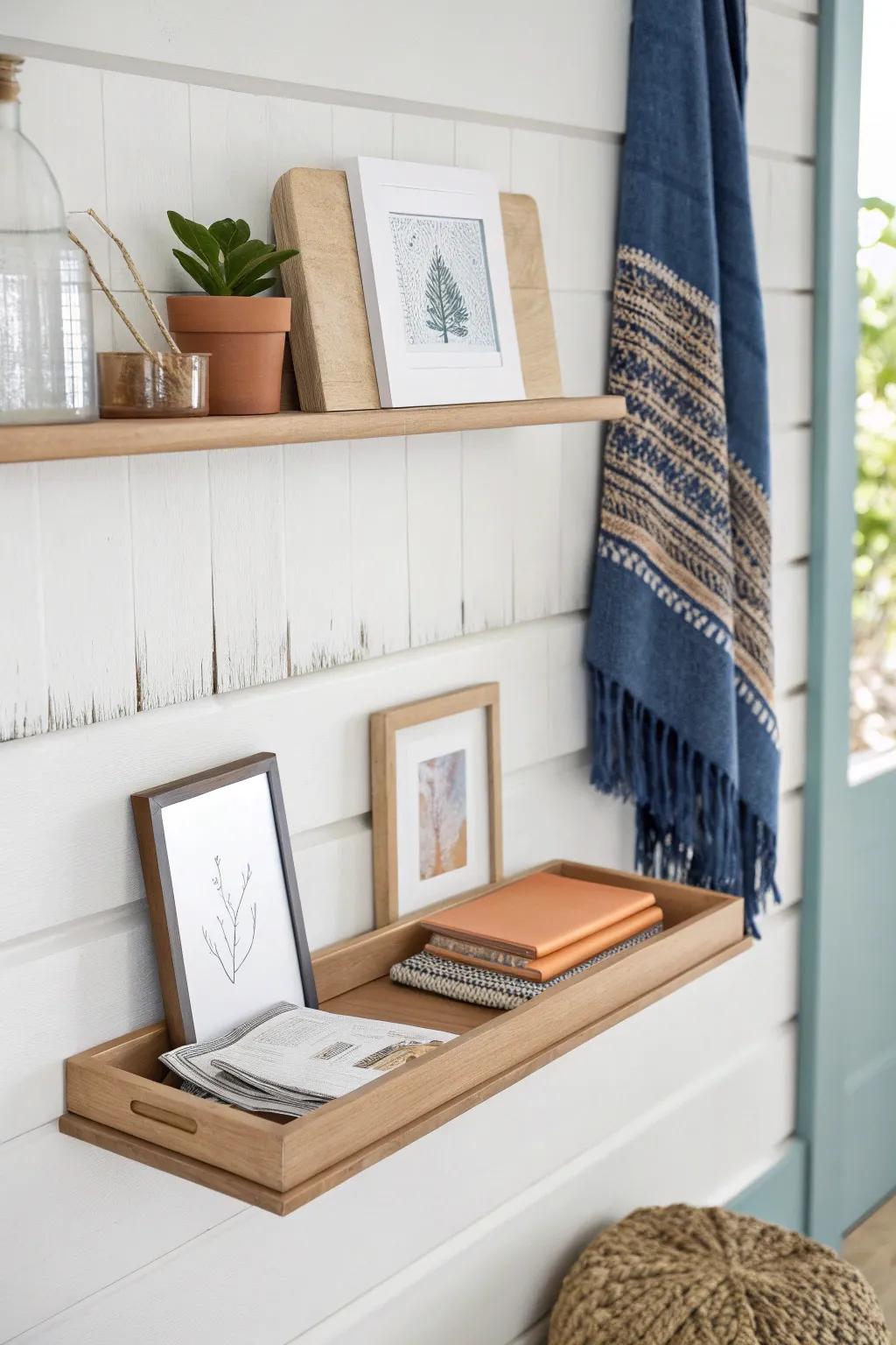 A slim oak picture ledge keeps mail and frames organized—stylish, airy, and out of the way.