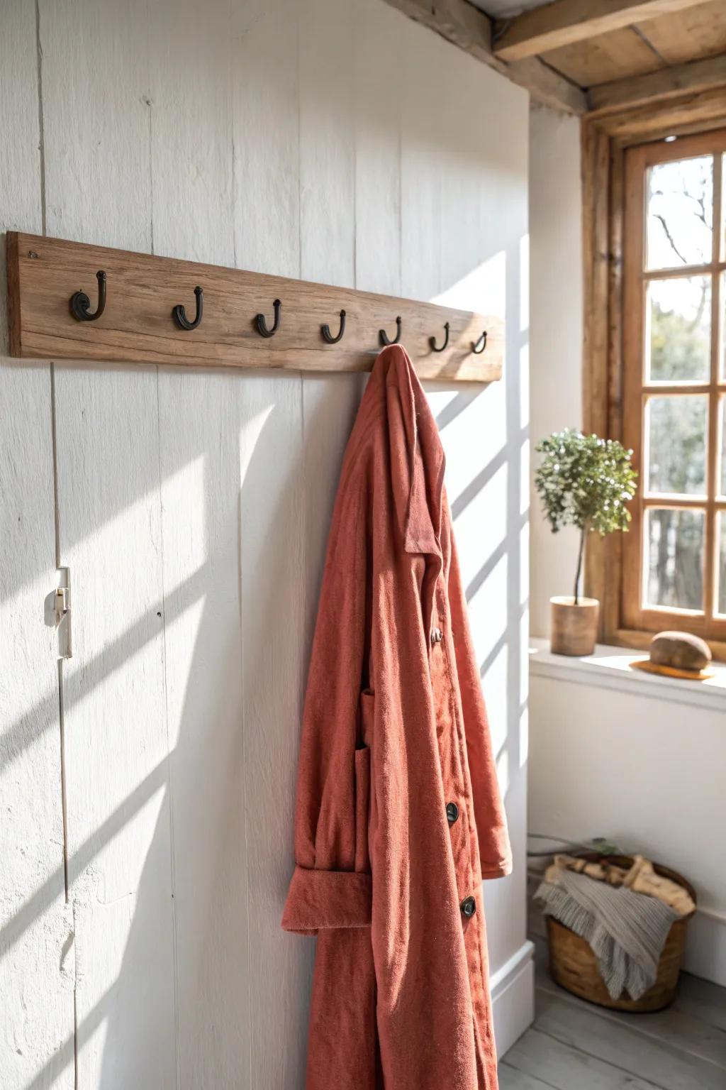 A simple oak peg rail turns a tiny farmhouse bedroom wall into calm, chic storage.