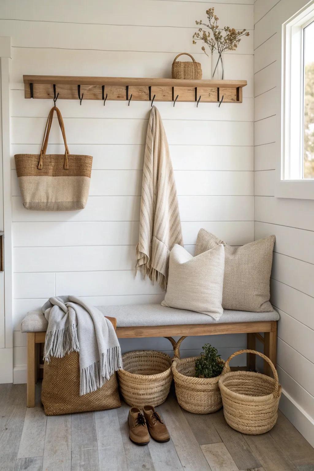 Tiny mudroom charm: a handmade peg rail and bench create a calm farmhouse drop zone.