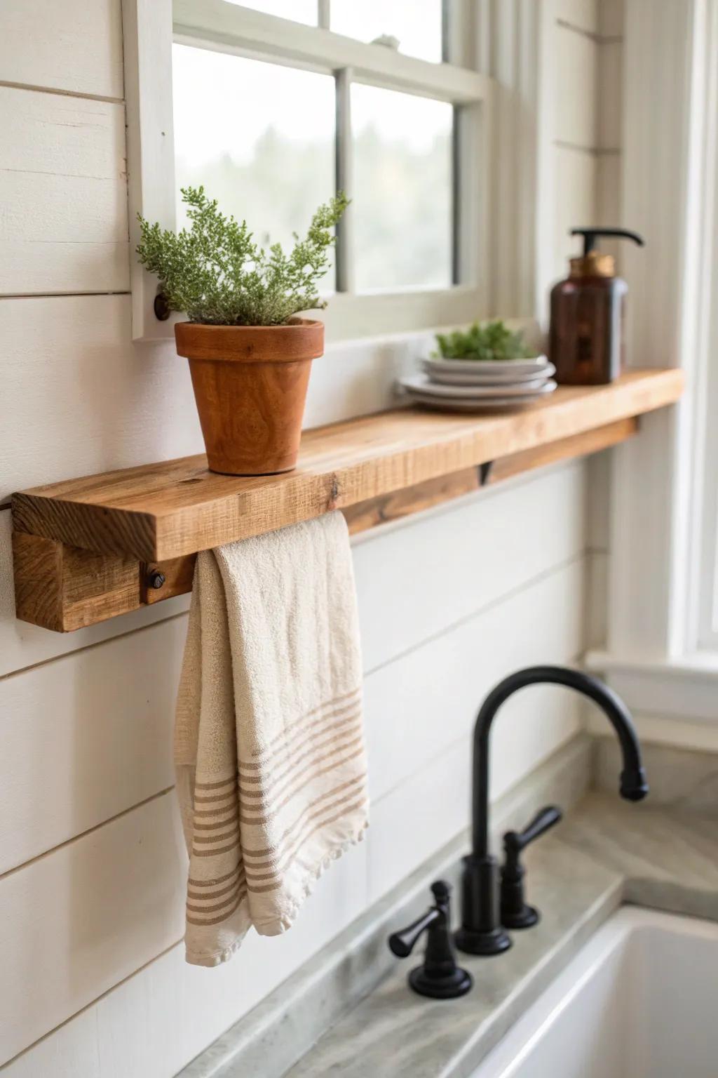 Budget farmhouse win: a tiny DIY window shelf for herbs, soap, and sink-side charm.
