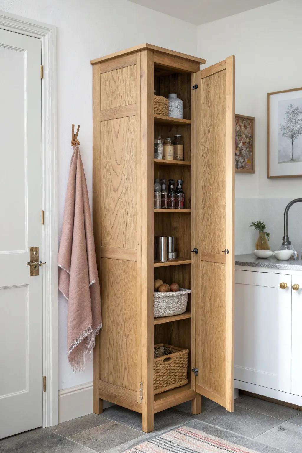 A tall oak mini pantry wall keeps open-concept counters clear and the whole room calmer.
