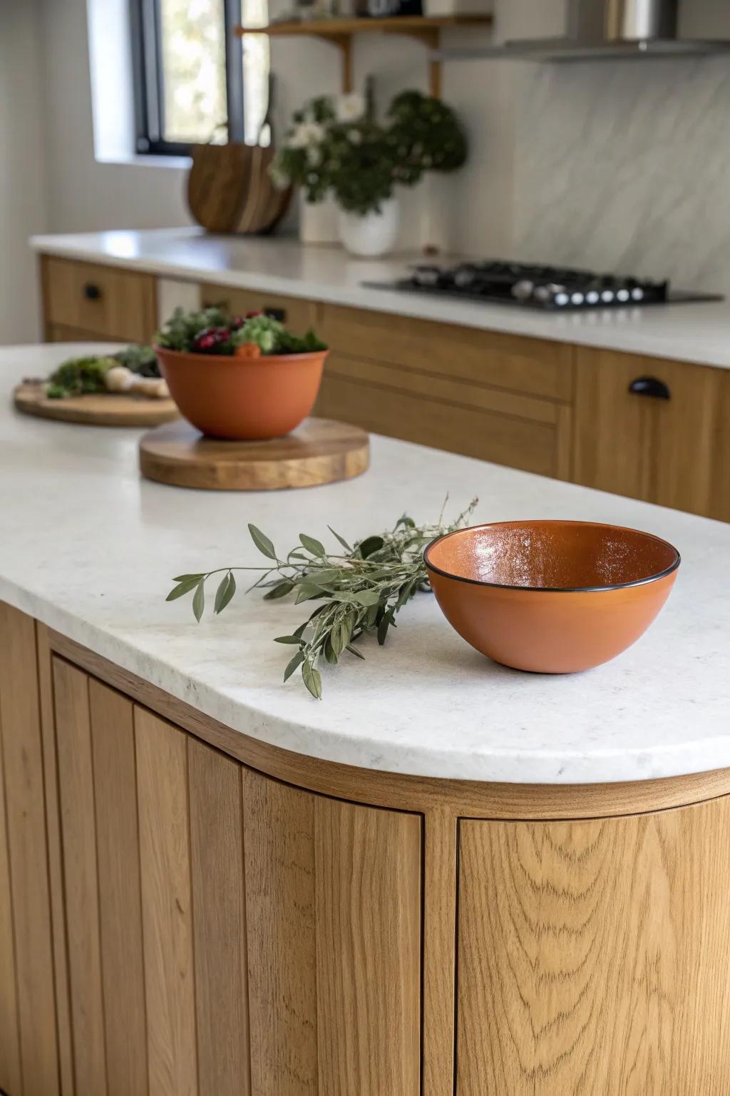 A rounded-end wooden island keeps tight L-shaped kitchens flowing—beautiful and bruise-free.