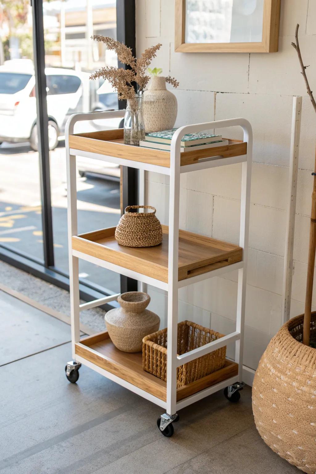 A rolling wood shelving cart that shifts from endcap display to sampling station in seconds.