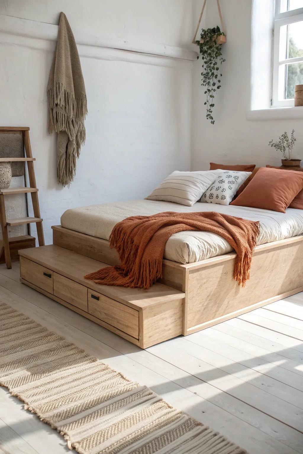 A wide step-seat on a raised platform bed makes the sweetest, space-saving reading corner.