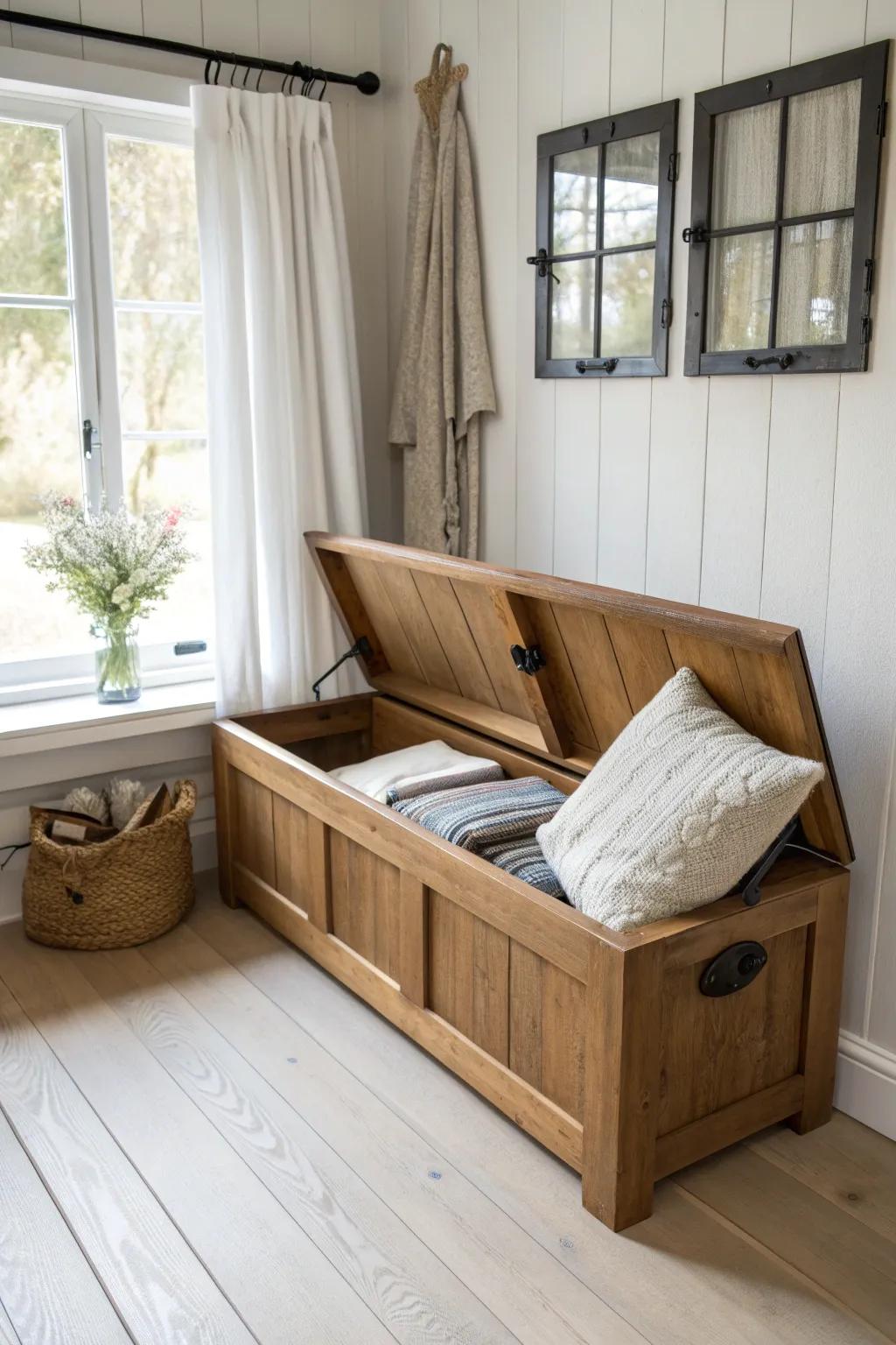A rustic window bench with hidden storage—warm reclaimed wood, clean lines, big impact.