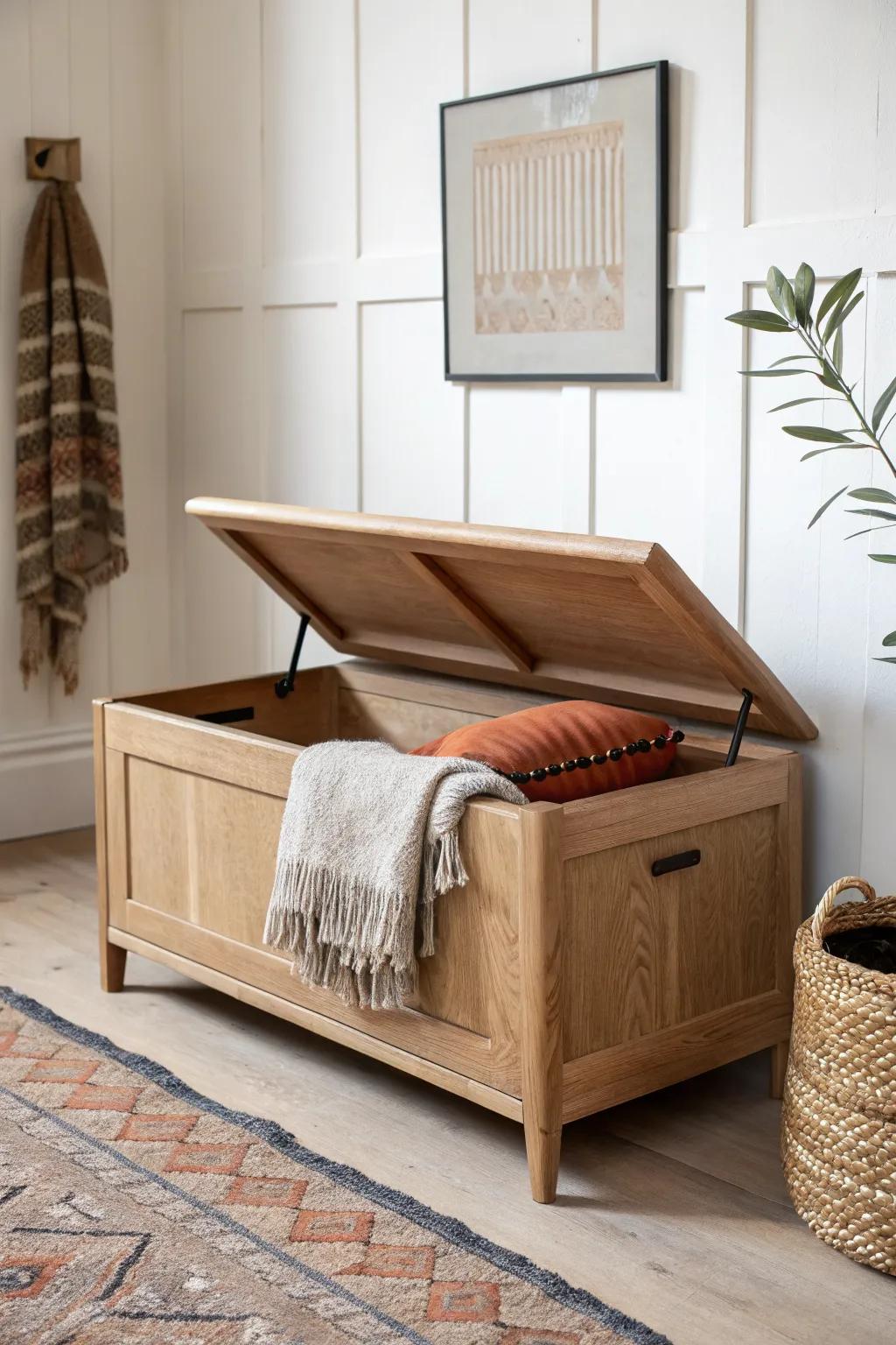 A sleek lift‑top bench with faux drawer fronts—hidden storage that looks tailored and chic.