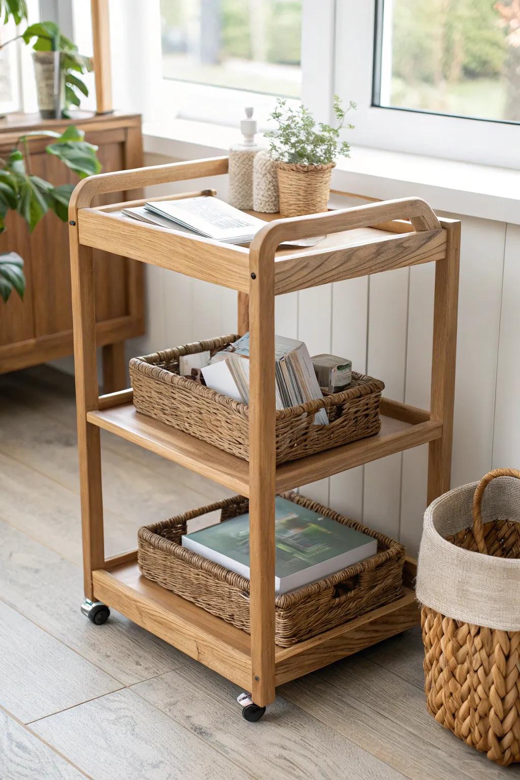 A slim wooden rolling cart keeps your sunroom desk calm—supplies hidden, style on display.