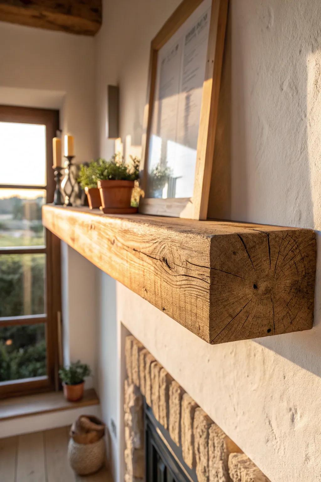 A chunky reclaimed-wood mantel ledge adds instant warmth and a cozy focal point—no fireplace needed.