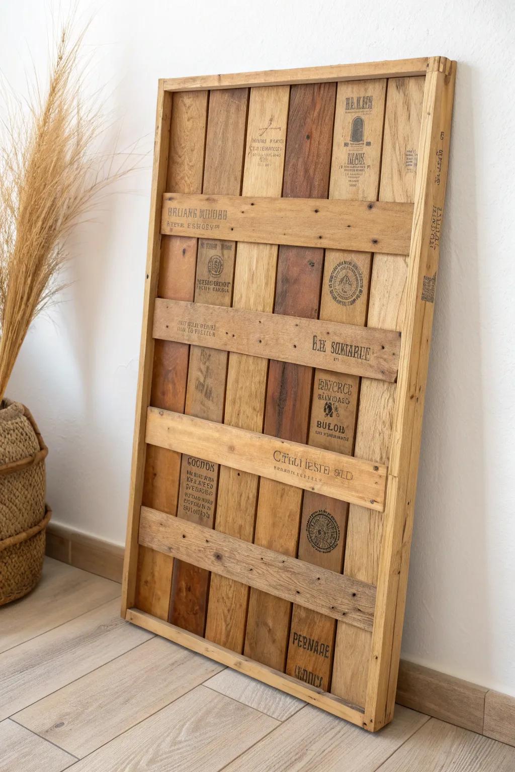 Wine crate wall paneling—clean lines, rich patina, and a story in every scuff mark.