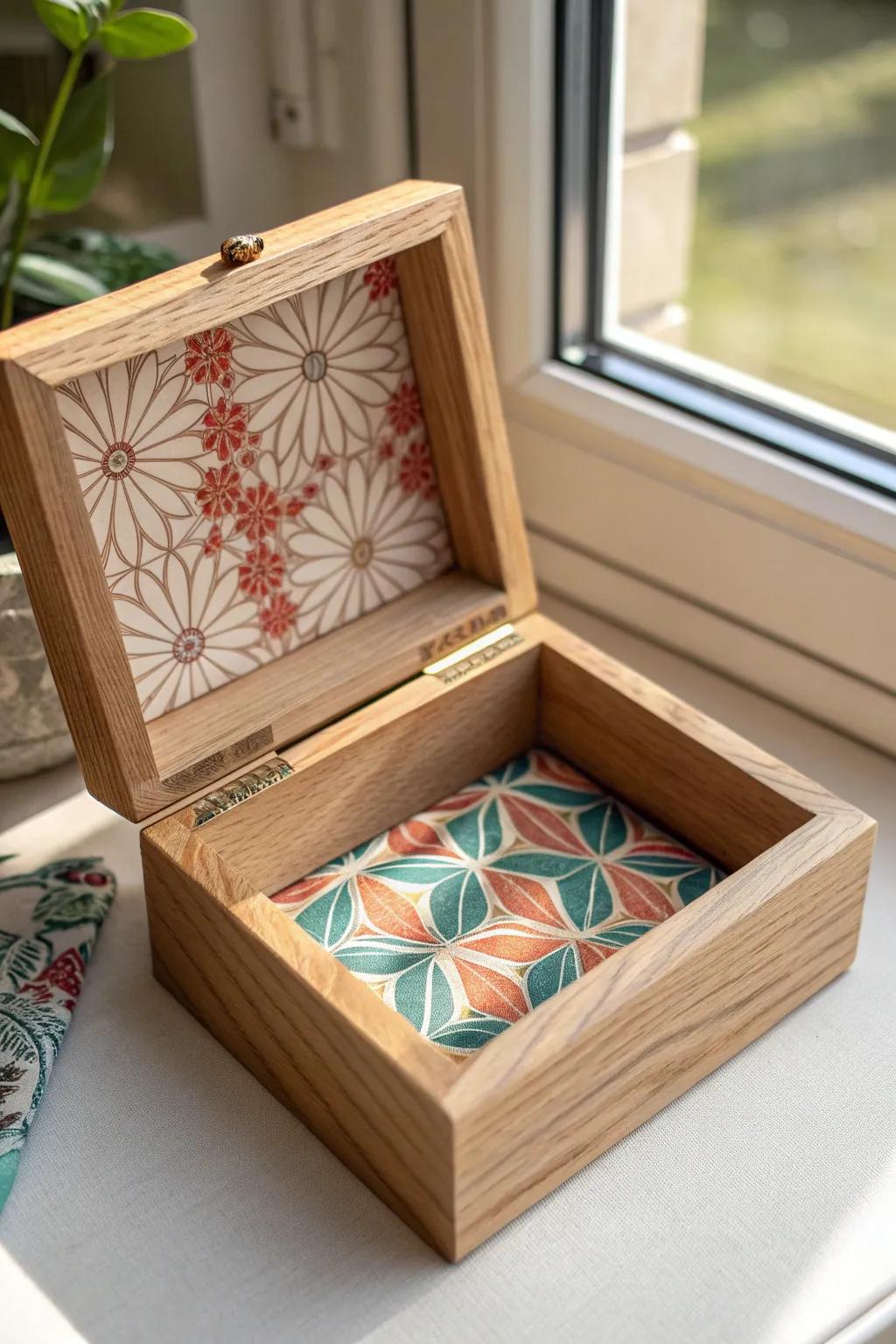 A simple wooden box, instantly elevated with a bold patterned fabric lining inside.