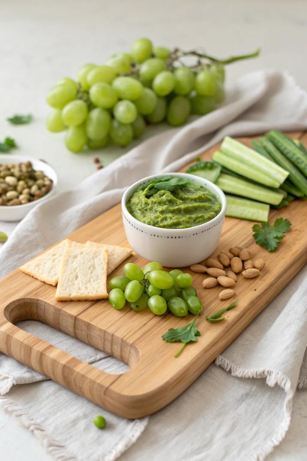 All-green snack board on handcrafted oak—monochrome, fresh, and seriously striking.