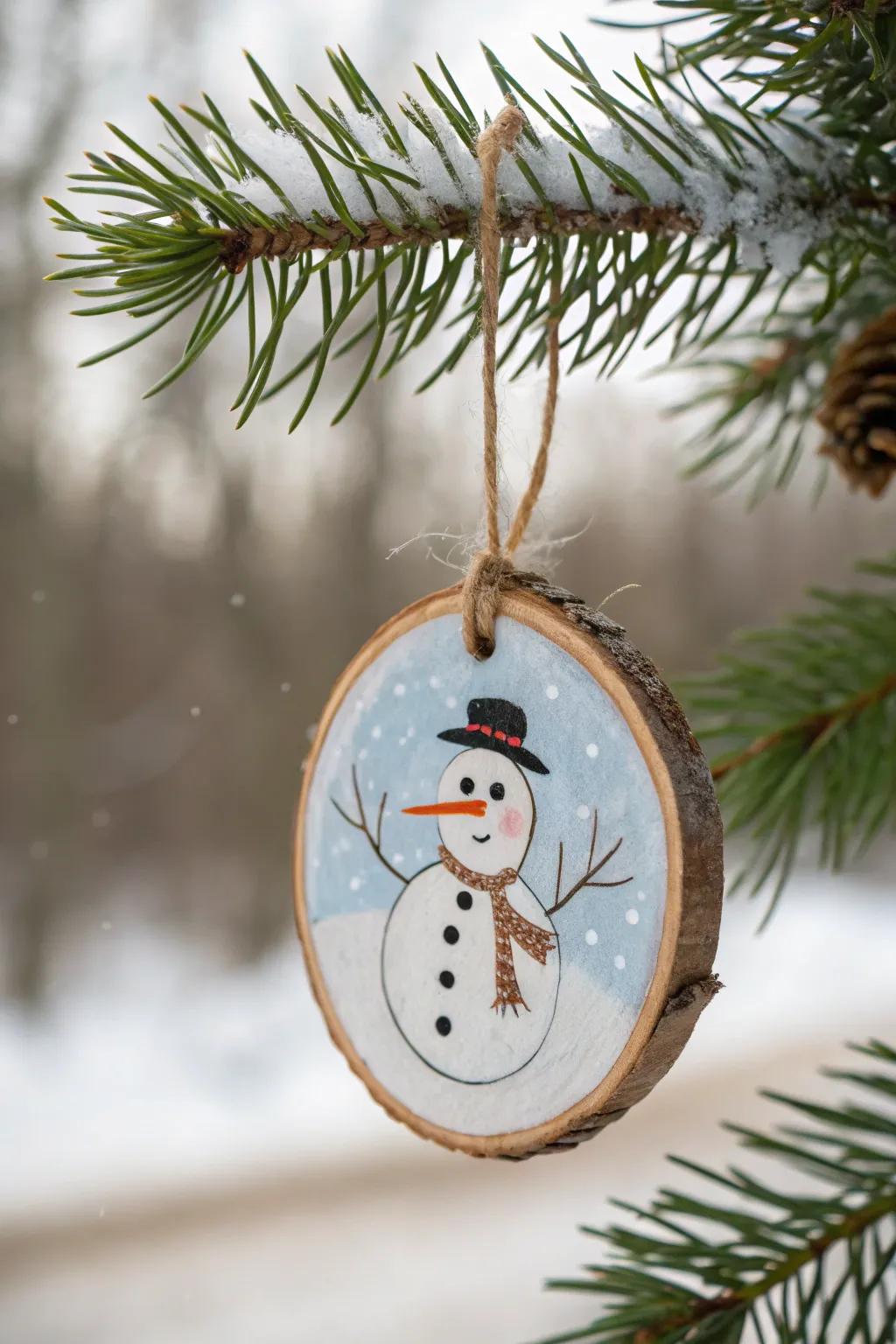 Embrace the charm of winter with this handcrafted wood slice snowman ornament, a perfect blend of rustic elegance and minimalist beauty.