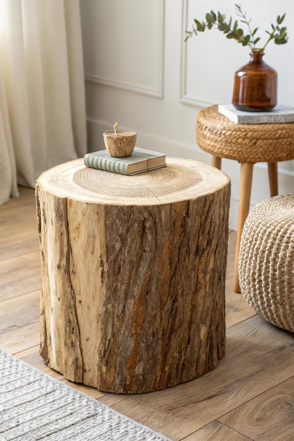 Warm cabin charm: a sealed log-slice side table with bold rings and minimalist contrast.