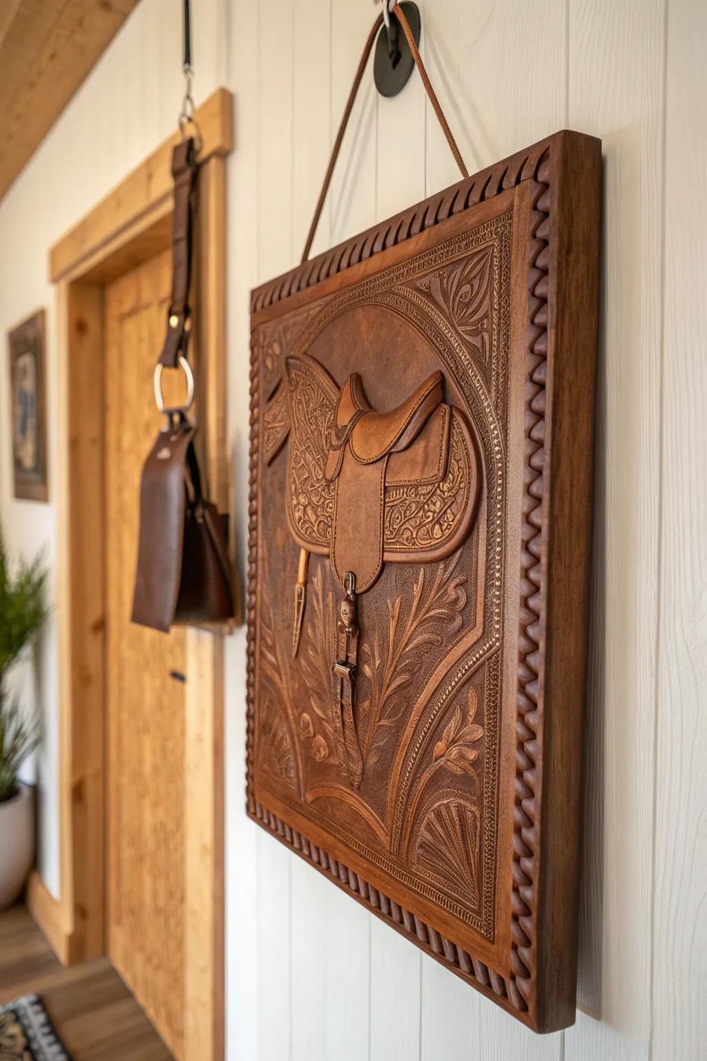 Tooled leather-look wall panel on walnut—Southwest texture meets clean Scandinavian minimalism.