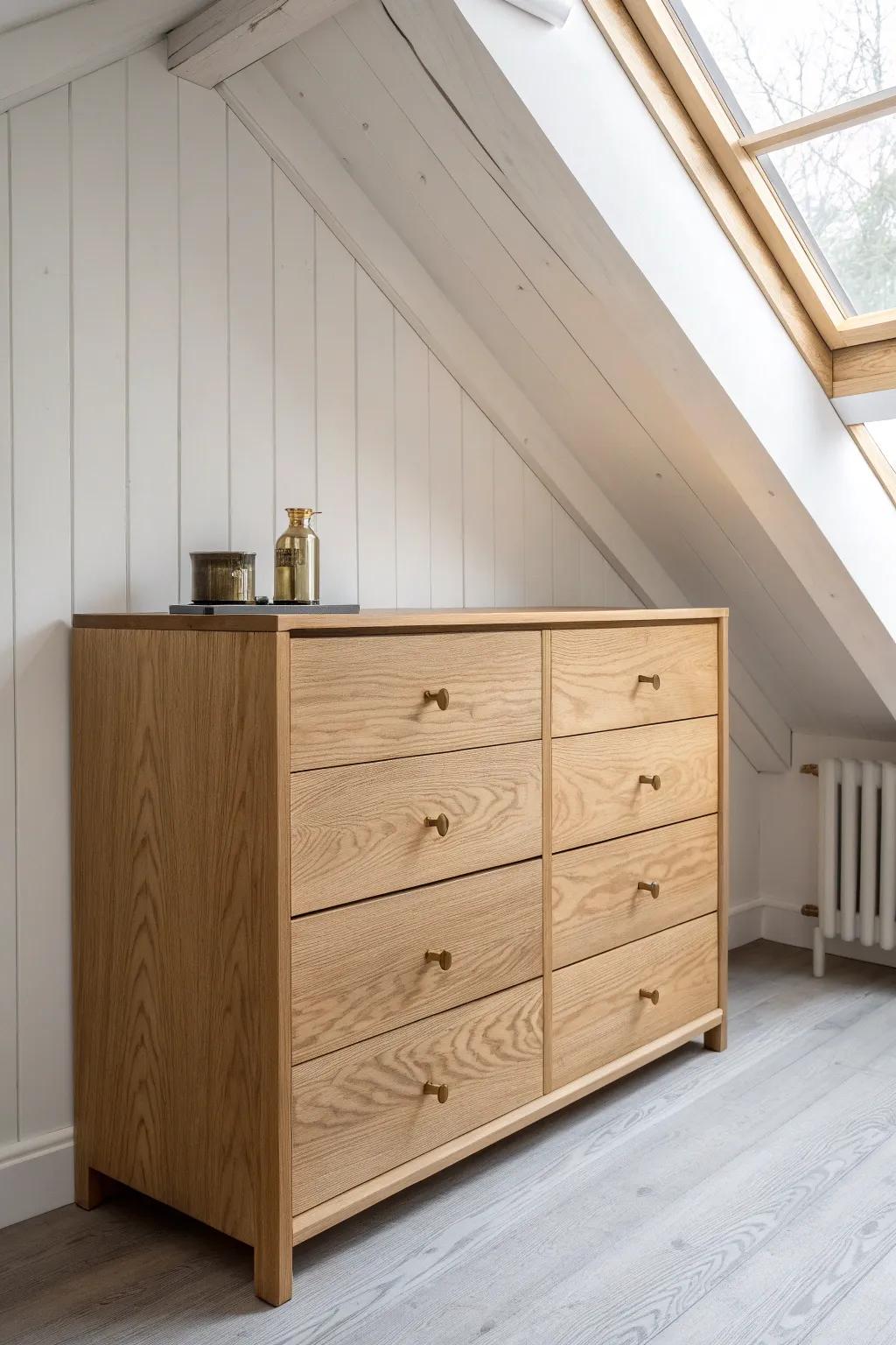 A built-in dresser under a sloped ceiling turns awkward angles into beautiful storage.