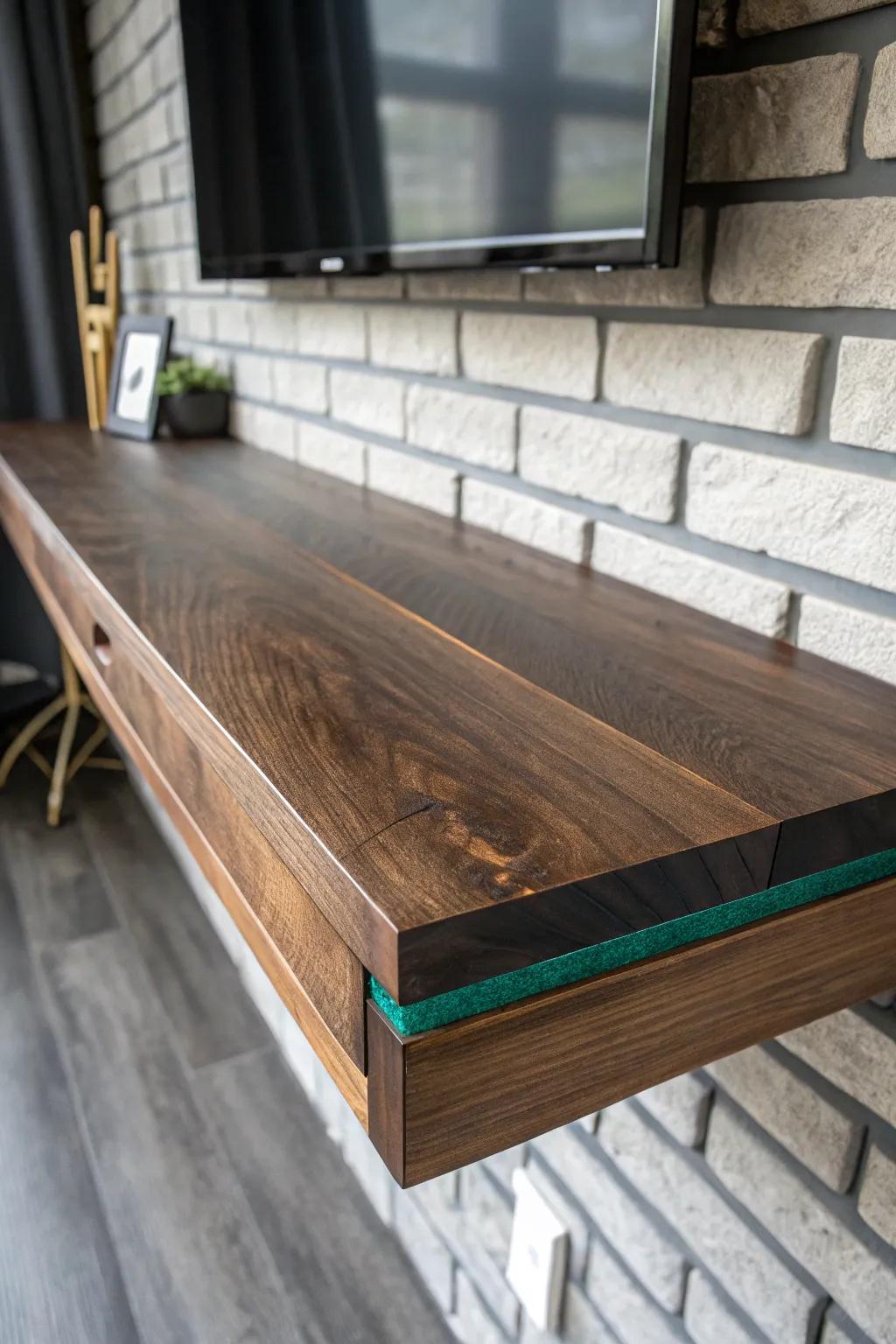 Faux brick meets dark walnut—this floating ledge brings a hidden speakeasy office vibe.