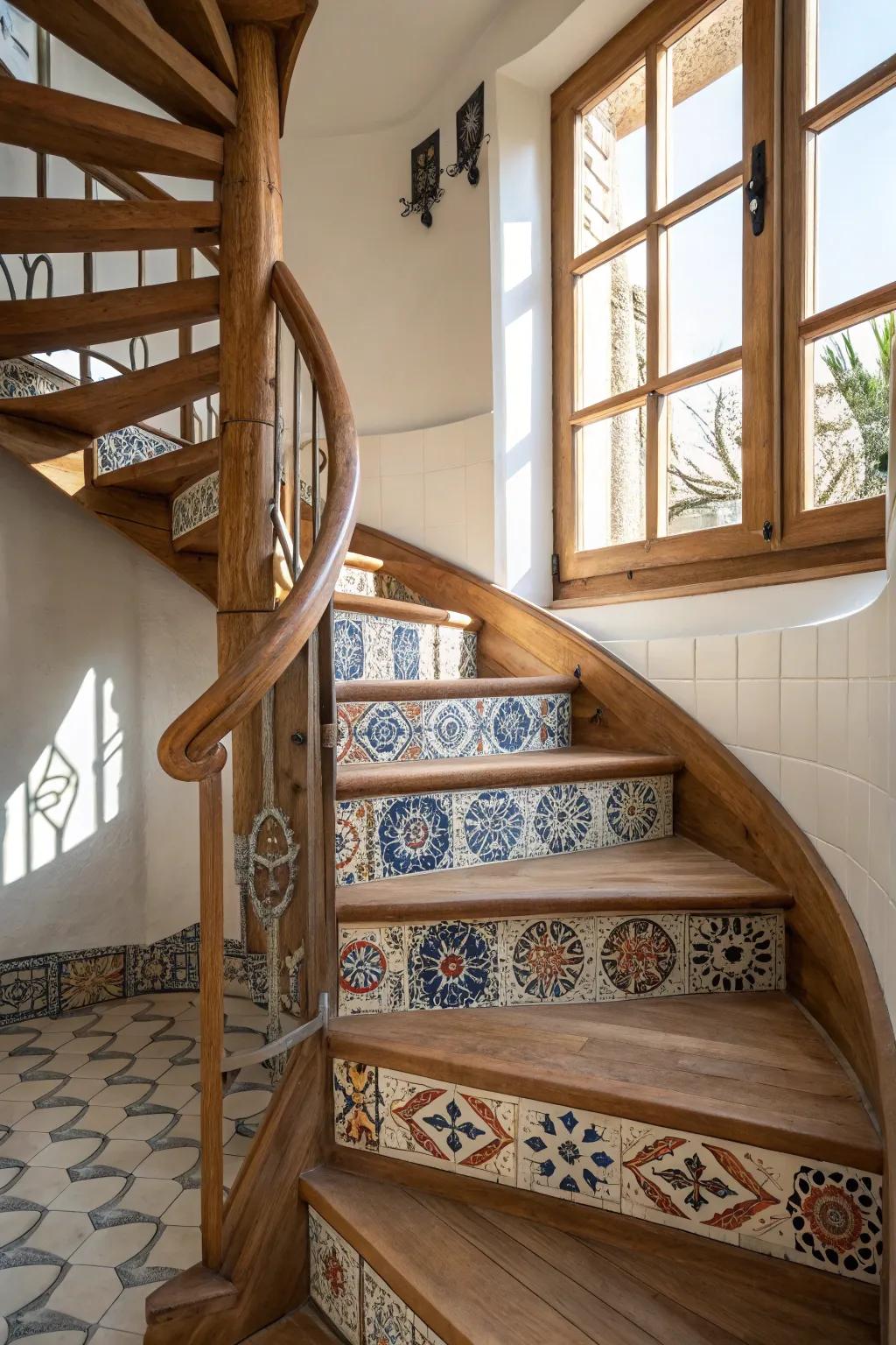 Patterned risers turn a wooden spiral staircase into a bold, hidden work of art.