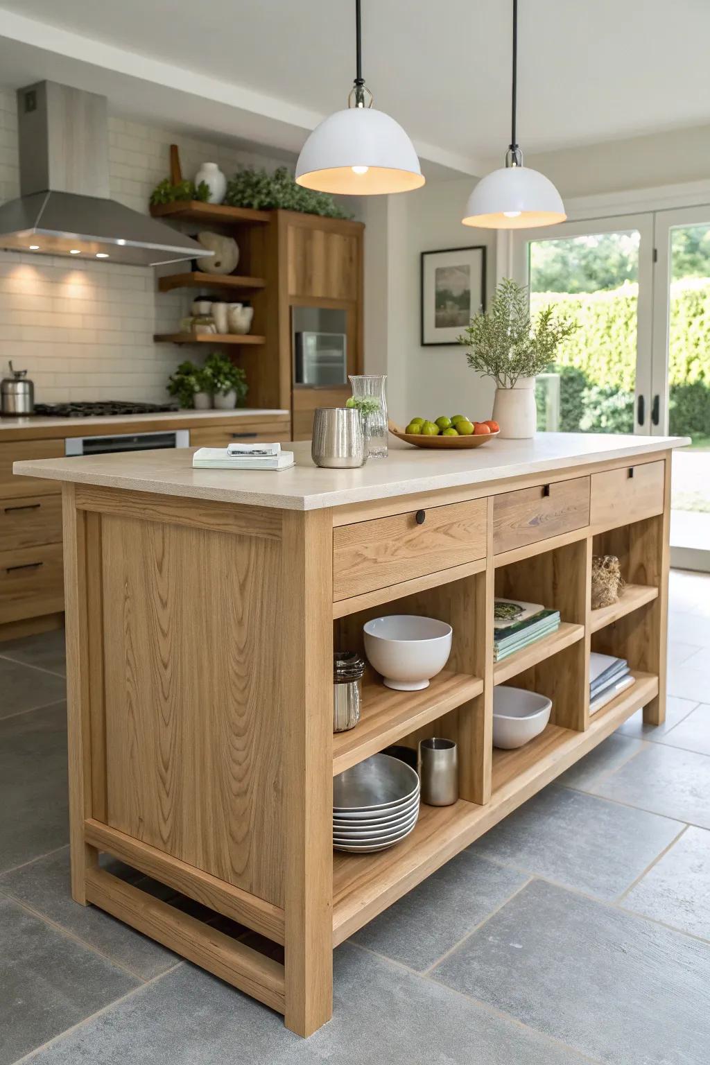 Two tiers, two vibes: bright prep light above, warm dining glow below—split-level perfection.