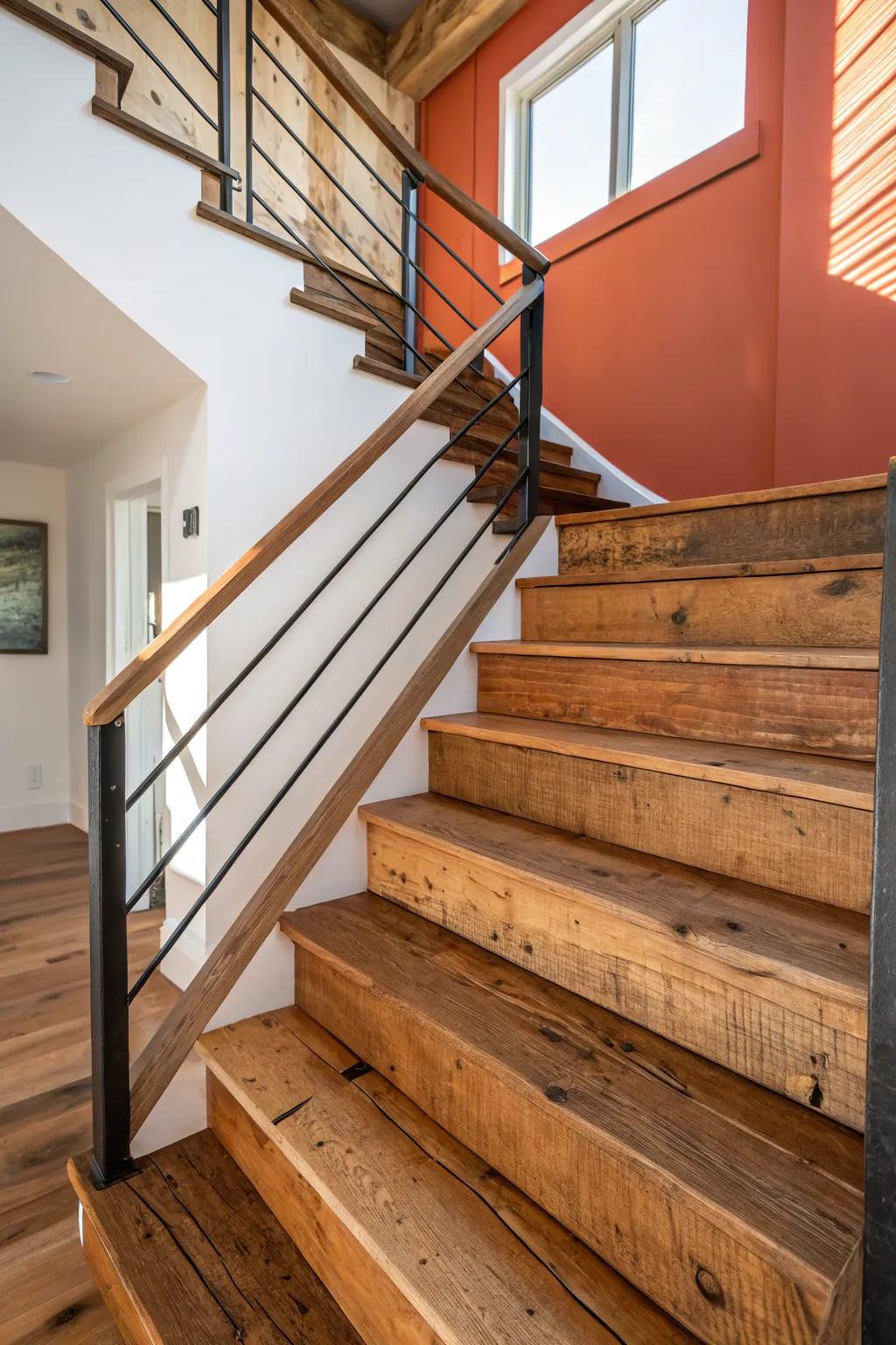 Reclaimed wood treads add instant warmth to a split staircase—every nail scar tells a story.