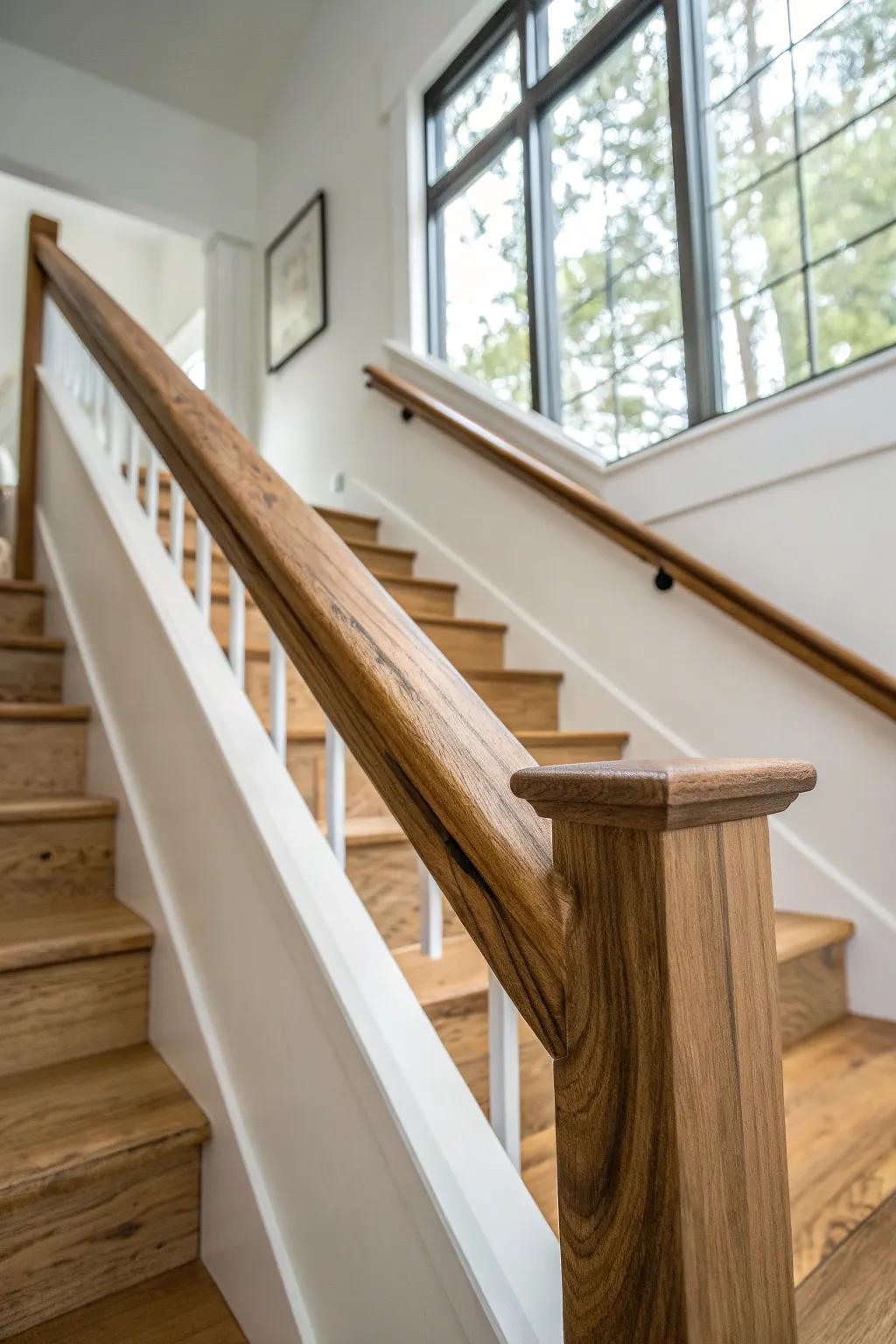 Live-edge slab handrail—silky smooth and sealed, adding a bold natural statement to your stairs.