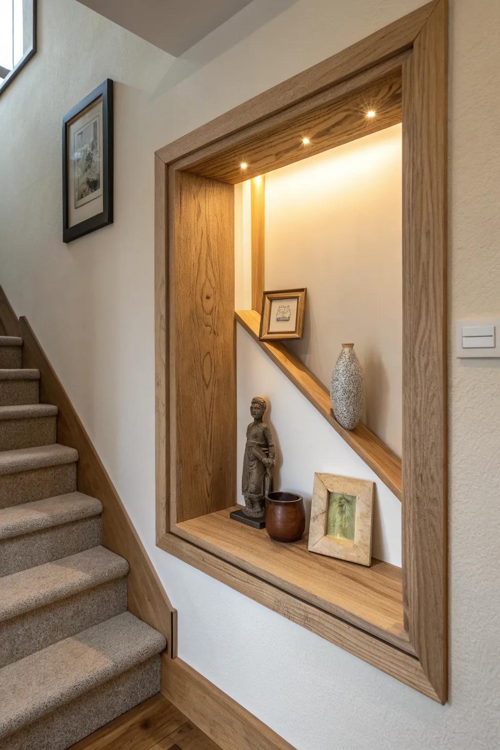 A reclaimed-wood framed niche light that adds warm depth and drama to a stair landing.