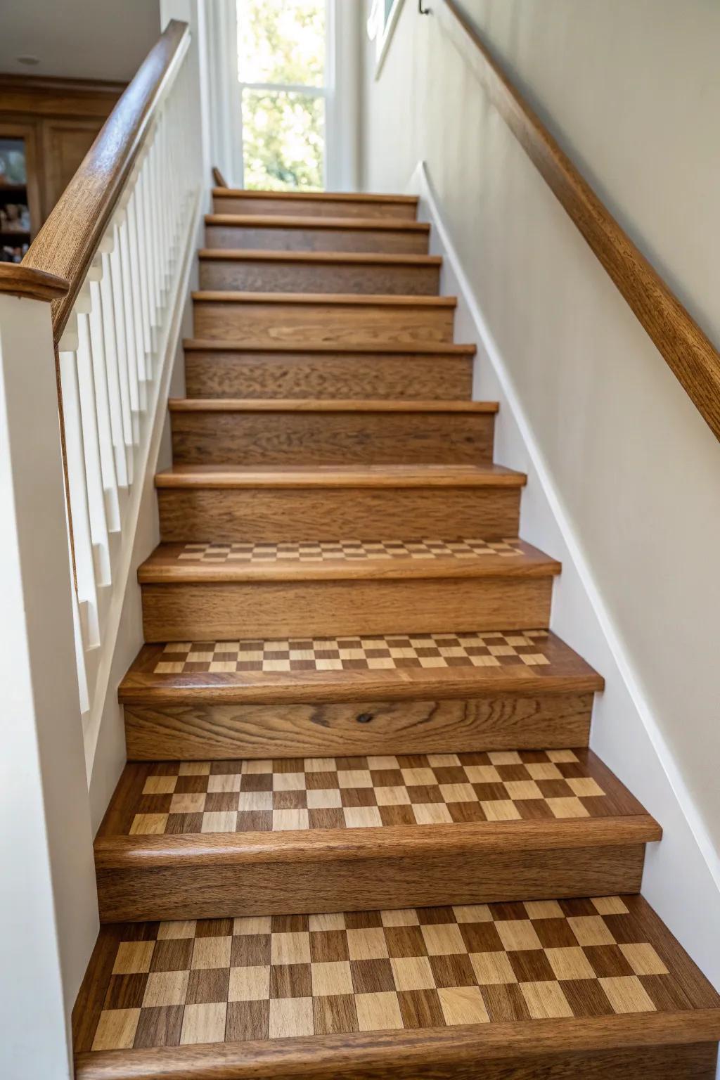 End-grain block stair nosing in maple and walnut—durable, graphic, and beautifully custom.