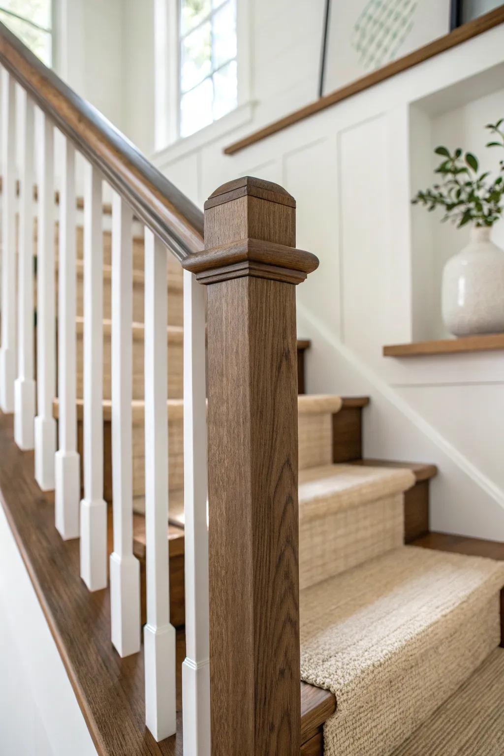 Two-tone stair rail: dark walnut cap rail over light oak spindles for a crisp, modern outline.