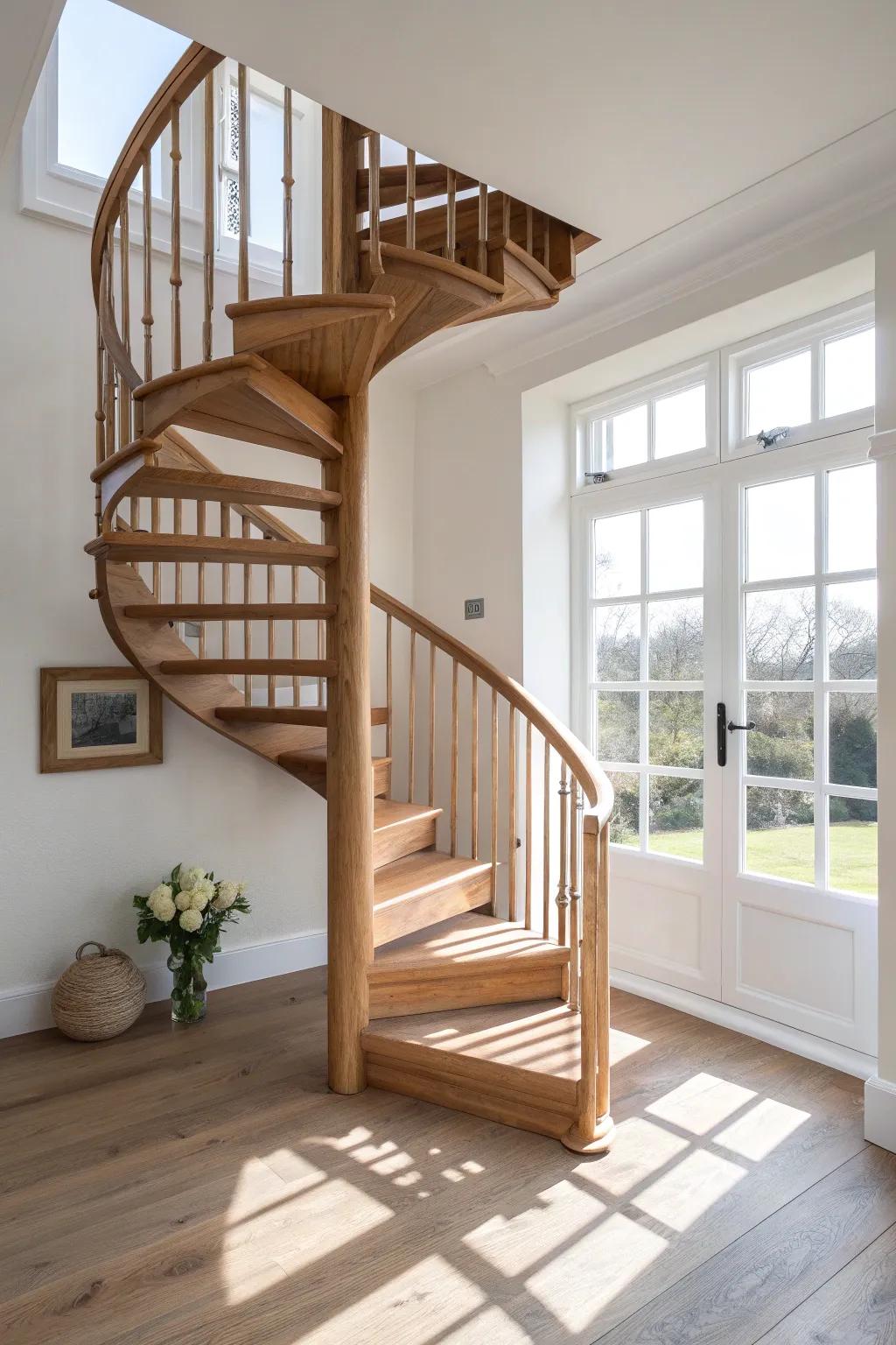 A space-saving wooden spiral staircase that turns tiny loft access into a bold design moment.
