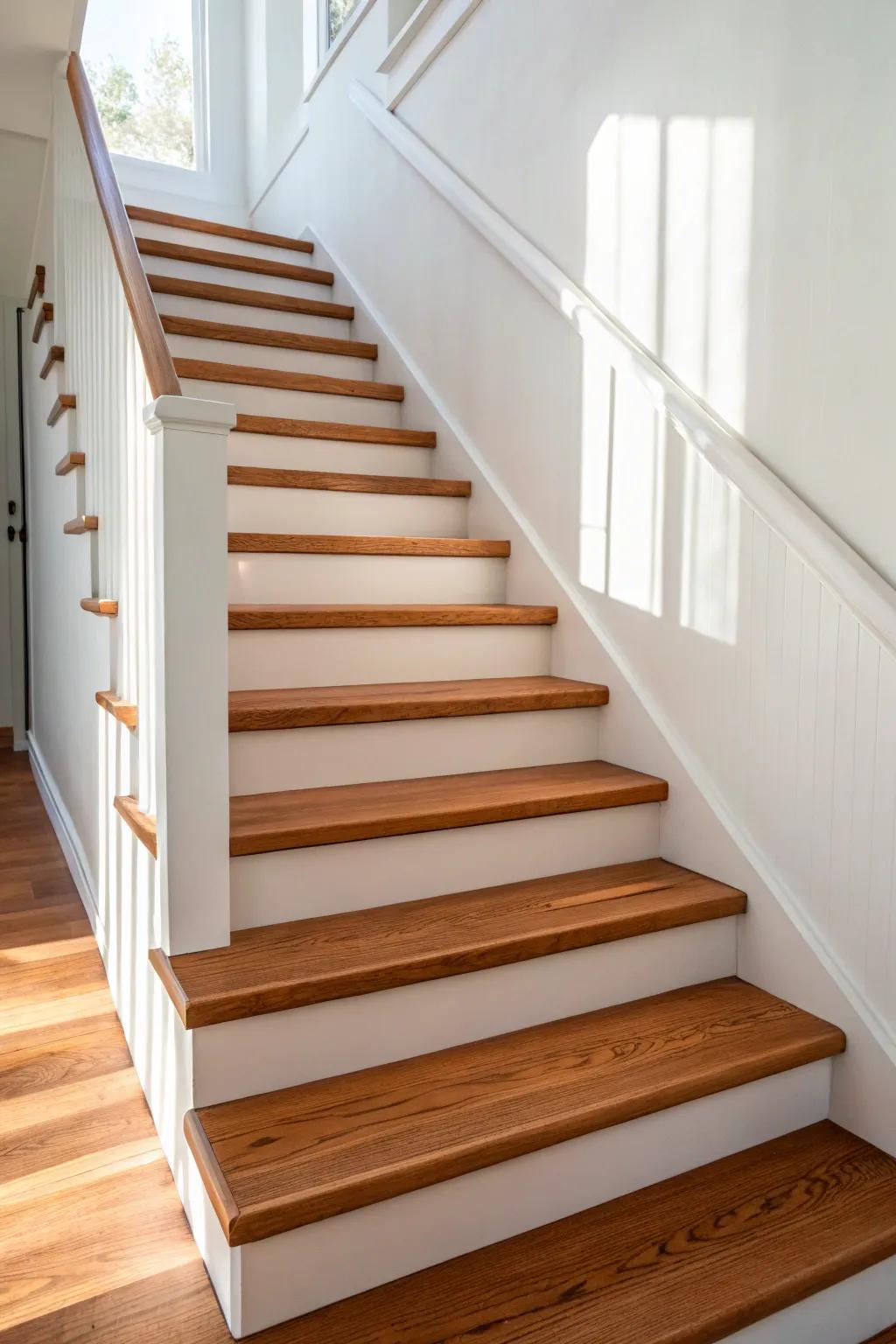 Modern two-tone color blocks on each tread: a designer punch that still feels warm and woodsy.