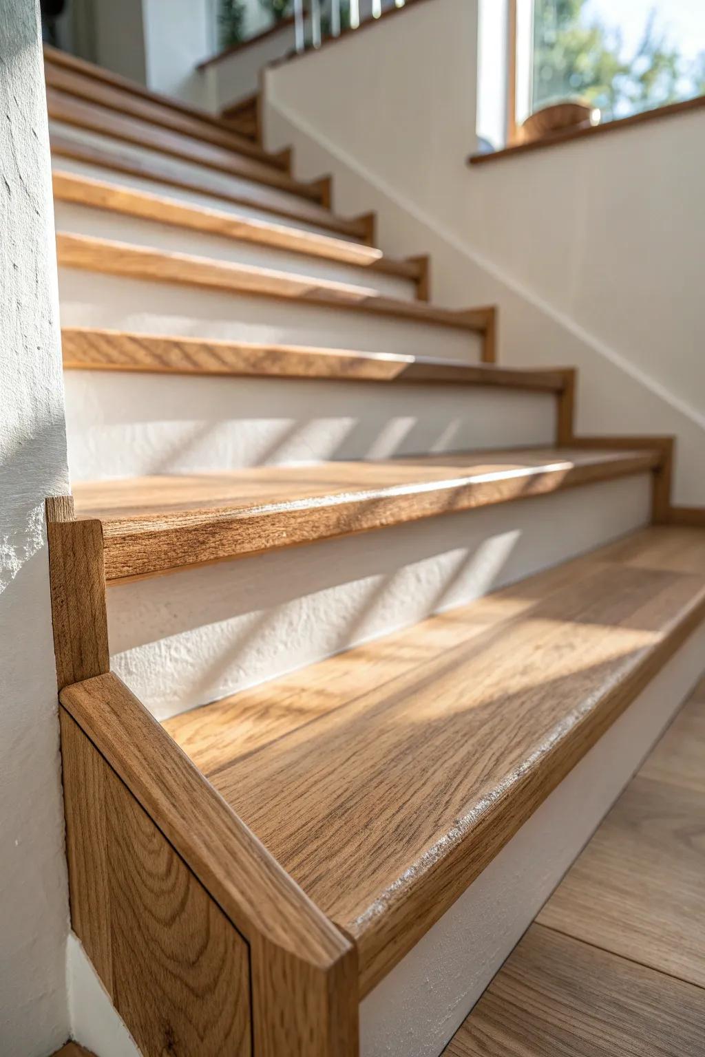Keep the wood look—seal stairs with a clear non-slip coat for safer, sock-friendly steps.