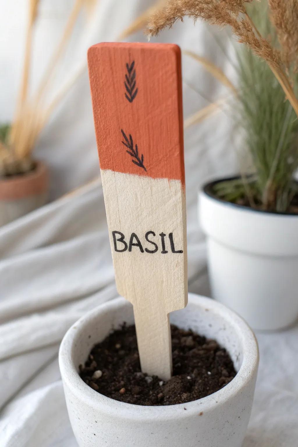 Painted craft-stick herb marker with handwritten label—minimal, boho, and outdoor-proof.