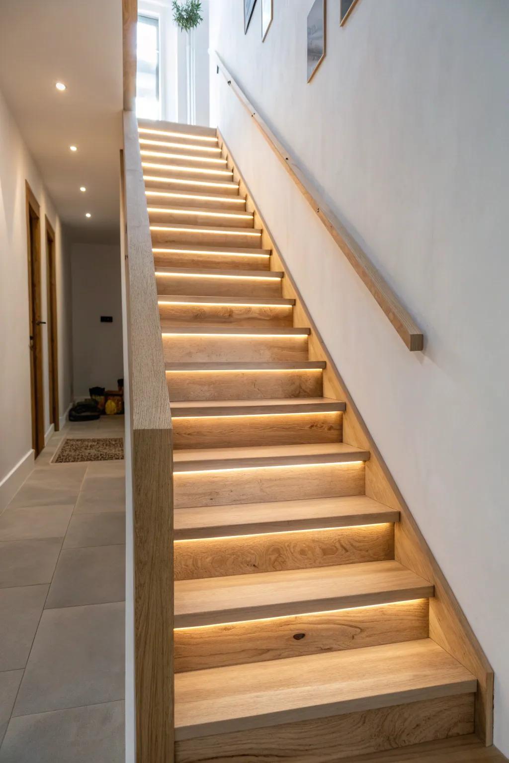 Soft under-tread glow turns a straight oak staircase into a cozy, custom night feature.