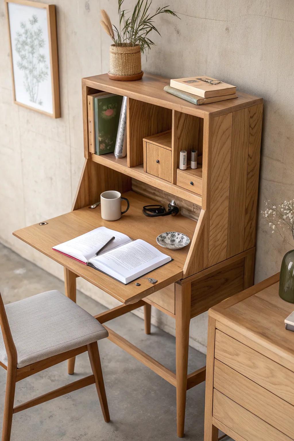 A fold-down cabinet desk that opens for focus and closes to instantly reset your room.