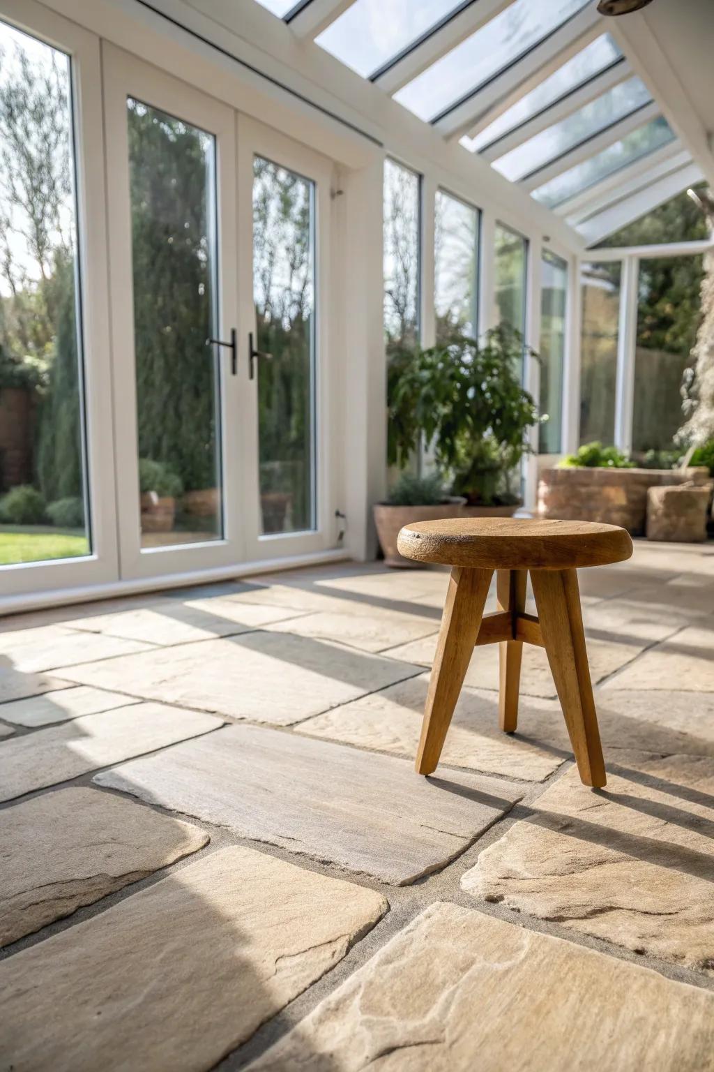 Crazy paver flagstone flooring + a simple oak accent gives your sunroom that greenhouse glow.